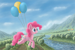 Size: 1024x683 | Tagged: safe, artist:emeraldgalaxy, pinkie pie, g4, balloon, bridge, female, mountain, orchard, park bench, river, scenery, solo, then watch her balloons lift her up to the sky
