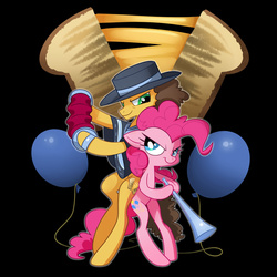 Size: 1000x1000 | Tagged: safe, artist:sambragg, cheese sandwich, pinkie pie, pony, semi-anthro, g4, accordion, balloon, bipedal, bugle mistaken for a trumpet, clothes, cutie mark, hat, musical instrument, poncho, trumpet