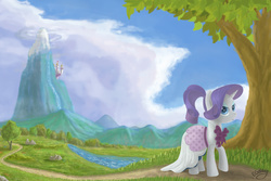 Size: 1500x1000 | Tagged: safe, artist:emeraldgalaxy, rarity, pony, unicorn, g4, alternate hairstyle, canterlot, clothes, dress, female, mare, mountain, path, ponytail, river, scenery, solo, tree