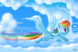 Size: 1024x683 | Tagged: safe, artist:emeraldgalaxy, rainbow dash, pegasus, pony, g4, cloud, female, flying, mare, outdoors, rainbow trail, sky, solo, spread wings, wings