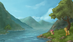 Size: 2000x1150 | Tagged: safe, artist:emeraldgalaxy, apple bloom, applejack, earth pony, pony, g4, apple sisters, applejack's hat, cowboy hat, duo, female, filly, hat, mare, mountain, river, scenery, siblings, sisters, smiling, tree