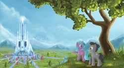 Size: 2000x1100 | Tagged: safe, artist:emeraldgalaxy, idw, king sombra, radiant hope, bird, butterfly, crystal pony, pony, umbrum, unicorn, g4, spoiler:comic, colt, colt sombra, crystal castle, crystal empire, crystal heart, duo, female, filly, male, mountain, scenery, smiling, tree