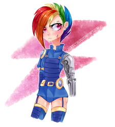 Size: 1517x1685 | Tagged: safe, artist:zorbitas, rainbow dash, human, g4, the cutie re-mark, alternate timeline, amputee, apocalypse dash, automail, boots, crystal war timeline, cybernetic arm, female, fullmetal alchemist, humanized, prosthetic arm, prosthetic limb, prosthetics, shoes, solo, thigh boots, underass