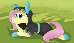 Size: 1024x604 | Tagged: safe, artist:despotshy, fluttershy, pegasus, pony, g4, bunny ears, clothes, costume, cute, dangerous mission outfit, female, goggles, hoodie, mare, smiling, solo