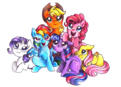Size: 1204x867 | Tagged: safe, artist:buttersprinkle, applejack, fluttershy, pinkie pie, rainbow dash, rarity, twilight sparkle, g4, blank flank, colored pencil drawing, cute, mane six, pen drawing, traditional art, younger