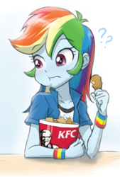 Size: 504x746 | Tagged: safe, artist:ta-na, rainbow dash, equestria girls, g4, cropped, female, implied scootachicken, kfc, question mark, solo