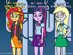 Size: 1024x768 | Tagged: safe, artist:djgames, derpy hooves, sunset shimmer, twilight sparkle, equestria girls, g4, game show, to tell the truth