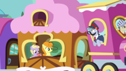 Size: 1186x667 | Tagged: safe, screencap, all aboard, carrot top, dinky hooves, golden harvest, steamer, earth pony, pony, unicorn, g4, my little pony: friendship is magic, the last roundup, female, filly, foal, friendship express, group, horn, male, mare, quartet, stallion