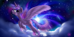 Size: 4000x2000 | Tagged: safe, artist:vanezaescobedo, twilight sparkle, alicorn, pony, g4, cloud, female, flying, magic, mare, solo, stars, twilight sparkle (alicorn)