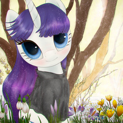 Size: 3000x3000 | Tagged: safe, artist:plotcore, rarity, g4, clothes, cute, female, flower, high res, raribetes, shirt, sitting, smiling, solo, spring, tree