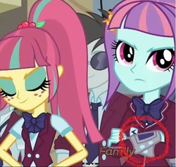 Size: 502x478 | Tagged: safe, screencap, sour sweet, sunny flare, equestria girls, g4, my little pony equestria girls: friendship games, circled, conspiracy theory, gadget, op is a slowpoke, pipboy, sunny flare's wrist devices