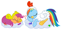 Size: 1404x698 | Tagged: safe, artist:red4567, rainbow dash, scootaloo, pegasus, pony, g4, candy, chick, chicken suit, clothes, cloud, costume, cute, duo, duo female, female, food, henbow dash, scootachicken, scootalove, simple background, sleeping, weapons-grade cute, white background, wings