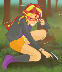 Size: 2225x2572 | Tagged: safe, artist:verbose, sunset shimmer, equestria girls, g4, fanfic art, fanfic cover, female, gun, high res, pistol, shooting for friendship, solo, trigger discipline, wrong upload