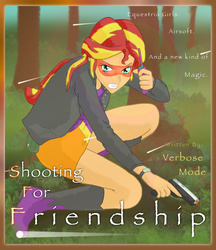 Size: 865x1000 | Tagged: safe, artist:verbose, sunset shimmer, equestria girls, g4, airsoft, fanfic art, fanfic cover, gun, shooting for friendship, trigger discipline, weapon