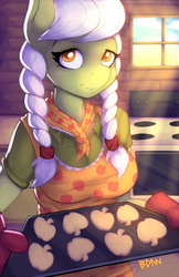 Size: 841x1300 | Tagged: safe, artist:drbdnv, granny smith, earth pony, anthro, g4, adorasmith, apron, baking, clothes, cookie, cottagecore, cute, female, looking at you, neckerchief, oven, solo, young granny smith, younger
