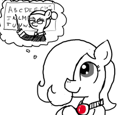 Size: 640x600 | Tagged: safe, artist:ficficponyfic, oc, oc only, oc:emerald jewel, earth pony, pony, colt quest, alphabet, amulet, chalkboard, child, clothes, colt, cute, foal, glasses, hair over one eye, happy, hope, imagination, male, older, smiling, story included, teacher