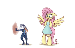 Size: 1100x700 | Tagged: safe, artist:heir-of-rick, fluttershy, anthro, unguligrade anthro, g4, arm hooves, bipedal, clothes, crossover, duo, judy hopps, looking at each other, simple background, spread wings, white background, zootopia