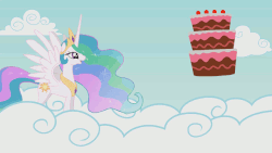 Size: 640x360 | Tagged: safe, artist:agrol, princess celestia, princess luna, in your dream, g4, animated, cake, cakelestia, cloud, dream walker luna, female, food, implied princess luna, nose wrinkle, pure unfiltered evil, scrunchy face, solo, this will end in tears and/or a journey to the moon, youtube link