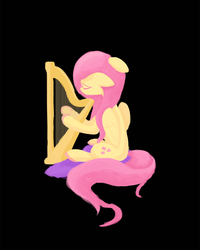 Size: 960x1200 | Tagged: safe, artist:citizensmiley, fluttershy, g4, black background, eyes closed, female, floppy ears, folded wings, harp, musical instrument, playing, simple background, sitting, solo