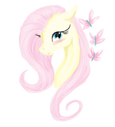 Size: 1024x1133 | Tagged: safe, artist:missivoryrainbow, fluttershy, butterfly, g4, blushing, bust, female, floppy ears, looking at you, portrait, simple background, smiling, solo, white background