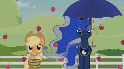 Size: 640x360 | Tagged: safe, artist:agrol, applejack, princess luna, alicorn, earth pony, pony, in your dream, g4, animated, apple, dream walker luna, female, food, hat, mare, mouth hold, smiling, that pony sure does love apples, umbrella, youtube link
