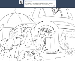 Size: 1280x1035 | Tagged: safe, artist:silfoe, princess luna, oc, oc:wind, royal sketchbook, g4, crying, disguise, grayscale, monochrome, observatory, tears of joy