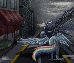 Size: 2374x2000 | Tagged: safe, artist:mayasnou, rainbow dash, g4, city, female, high res, hood, ocean, overcast, rain, road, solo, storm