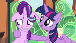 Size: 1916x1080 | Tagged: safe, screencap, starlight glimmer, twilight sparkle, alicorn, pony, g4, season 6, the crystalling, female, floppy ears, mare, train, twilight sparkle (alicorn)