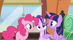 Size: 715x401 | Tagged: safe, screencap, pinkie pie, starlight glimmer, twilight sparkle, alicorn, pony, g4, the crystalling, female, mare, train, twilight sparkle (alicorn)