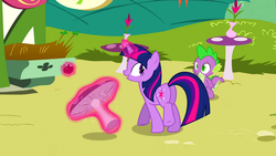 Size: 1280x720 | Tagged: safe, screencap, spike, twilight sparkle, dragon, pony, unicorn, g4, too many pinkie pies, apple, butt, duo, duo male and female, female, food, male, mare, mushroom, mushroom table, plot, unicorn twilight