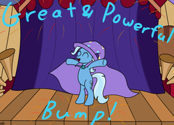 Size: 1400x1000 | Tagged: safe, alternate version, artist:spritepony, trixie, pony, g4, bipedal, female, fireworks, performing, solo, stage, text edit, trixie's cape, trixie's hat