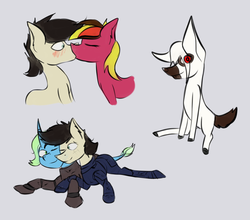 Size: 2396x2105 | Tagged: safe, artist:marsminer, oc, oc only, oc:bonfire, oc:keith, deer, earth pony, pony, unicorn, cuddling, high res, smiling titan, snuggling