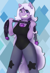 Size: 1600x2354 | Tagged: safe, artist:chipflake, earth pony, gem (race), gem pony, anthro, amethyst, amethyst (steven universe), crossover, female, gem, hilarious in hindsight, mare, quartz, semi-ponified, solo, steven universe, weapon, whip