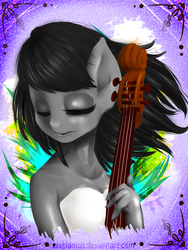 Size: 1200x1600 | Tagged: safe, artist:monochromacat, octavia melody, earth pony, anthro, g4, cello, cleavage, clothes, dress, eyes closed, female, musical instrument, signature, solo