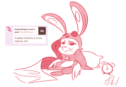Size: 2900x2000 | Tagged: safe, artist:fluttershythekind, fluttershy, pegasus, pony, g4, alarm clock, animal costume, bed, bunny costume, bunny pajamas, clothes, costume, female, footed sleeper, high res, monochrome, onesie, pajamas, pillow, solo