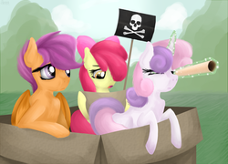 Size: 1024x738 | Tagged: safe, artist:alasata, apple bloom, scootaloo, sweetie belle, g4, cutie mark crusaders, flag, jolly roger, magic, open mouth, pirate