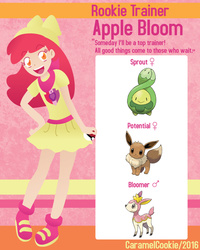 Size: 680x850 | Tagged: safe, artist:caramelcookie, apple bloom, budew, deerling, eevee, human, g4, clothes, crossover, cutie mark, dress, humanized, open mouth, poké ball, pokémon, pokémon team, pokémon trainer, the cmc's cutie marks