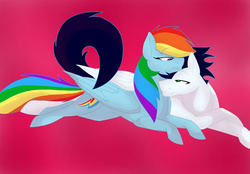 Size: 700x488 | Tagged: safe, artist:colourstrike, rainbow dash, soarin', pony, g4, cuddling, female, male, ship:soarindash, shipping, snuggling, straight