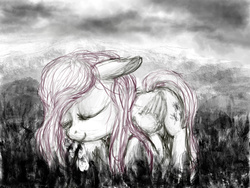 Size: 4000x3000 | Tagged: safe, artist:plotcore, fluttershy, g4, eyes closed, female, floppy ears, flower, folded wings, grayscale, monochrome, mountain, partial color, smiling, solo