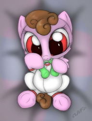 Size: 1140x1500 | Tagged: safe, artist:miniferu, oc, oc only, oc:shiny smiley, pegasus, pony, baby, baby pony, chewing, clothes, drool, eating, female, filly, foal, offspring, parent:oc:handy hoofs, parent:oc:spring beauty, parents:oc x oc, parents:springhoofs, solo