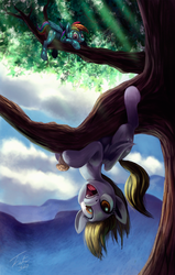 Size: 800x1255 | Tagged: safe, artist:tsitra360, derpy hooves, rainbow dash, pegasus, pony, g4, derpy being derpy, derpy physics, female, food, mare, muffin, tree, upside down