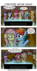 Size: 1674x3214 | Tagged: safe, artist:zsparkonequus, applejack, fluttershy, pinkie pie, rainbow dash, rarity, twilight sparkle, alicorn, earth pony, pegasus, pony, unicorn, g4, colored pupils, comic, commission, couch, criticism, dialogue, eyes closed, faint, female, food, mane six, mare, movie, popcorn, scared, soda drink hat, speech bubble, television, thousand yard stare, twilight sparkle (alicorn)