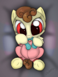 Size: 1140x1500 | Tagged: safe, artist:miniferu, oc, oc only, oc:shiny smiley, pegasus, pony, baby, baby pony, chewing, drool, eating, female, filly, foal, offspring, parent:oc:handy hoofs, parent:oc:spring beauty, parents:oc x oc, parents:springhoofs, solo