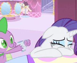 Size: 409x335 | Tagged: safe, screencap, rarity, spike, g4, simple ways, animated, cup, makeup, marshmelodrama, running makeup