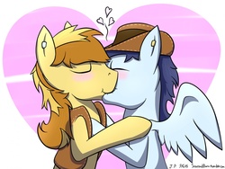 Size: 1280x962 | Tagged: safe, artist:soarinxbraeburn, braeburn, soarin', earth pony, pegasus, pony, g4, accessory swap, blushing, cute, duo, ear piercing, earring, eyes closed, gay, hat, heart, kiss on the lips, kissing, male, piercing, ship:soarburn, shipping, smiling, spread wings