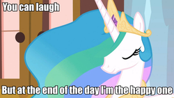 Size: 960x540 | Tagged: safe, edit, edited screencap, screencap, princess celestia, g4, sweet and elite, caption, content celestia, female, image macro, meme, reaction image, solo