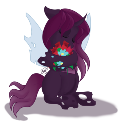 Size: 1600x1600 | Tagged: safe, artist:dr-whiskey, oc, oc only, oc:vespidae, changeling, eyes closed, female, flower, purple changeling, solo