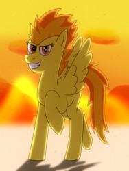 Size: 900x1200 | Tagged: safe, artist:b-cacto, spitfire, pegasus, pony, g4, cloud, female, fire, grin, looking at you, sky, smiling, solo, sunset