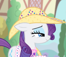 Size: 470x408 | Tagged: safe, screencap, rarity, trenderhoof, pony, unicorn, g4, simple ways, animated, clothes, female, hat, mare, solo focus