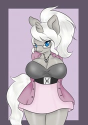 Size: 903x1280 | Tagged: safe, artist:comaofsouls, oc, oc only, oc:mysti, unicorn, anthro, breasts, clothes, dress, female, glasses, necklace, solo